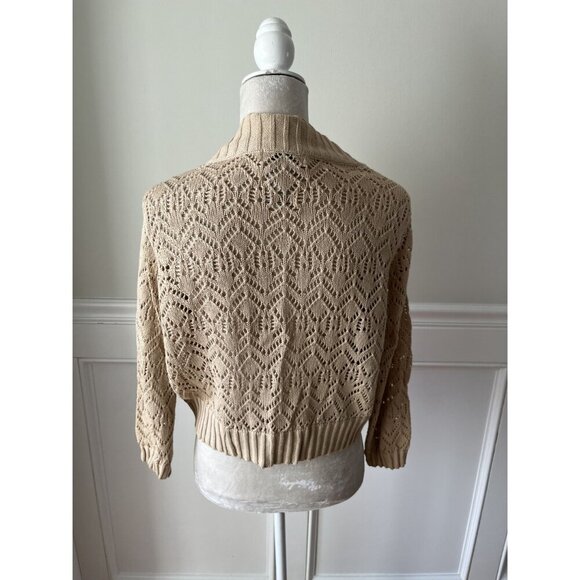 White Stag Ladies M Tan Open Knit Cropped Cocoon Cardigan 100% Cotton - Picture 3 of 4